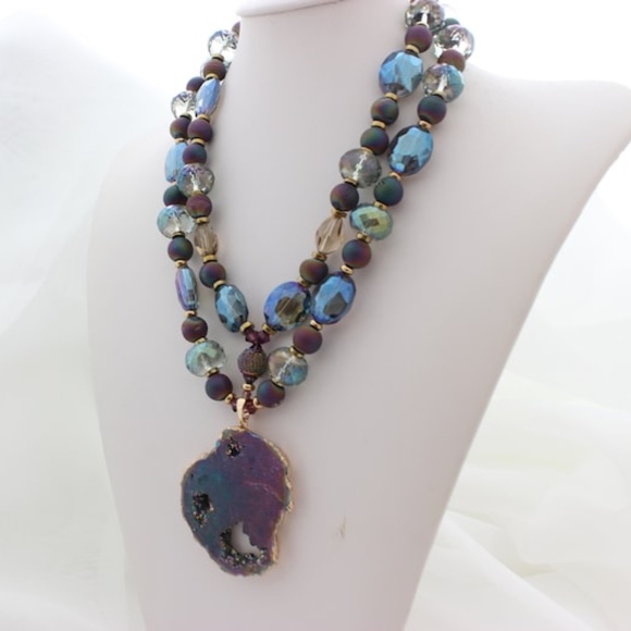 Double Strand Purple Crystals Natural Stone Druzy Pendant Necklace - Picture 9 of 10
